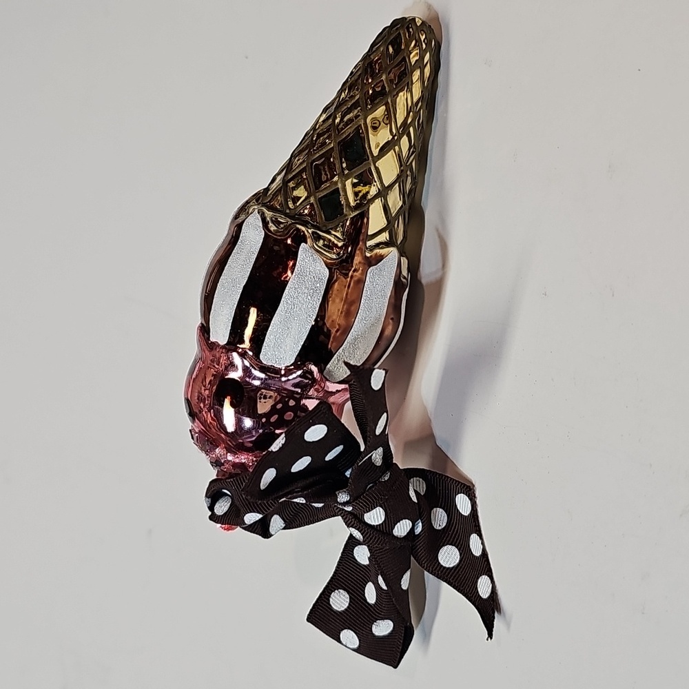 Henri Bendel Polka Dot Striped Shiny Glittered Ice Cream Cone Glass Ornament